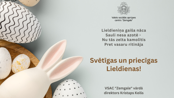 Lieldienu apsveikumā attēlotas krāsotas olas un Svētīgu un priecīgu Lieldienu vēlējums no iestādes direktora