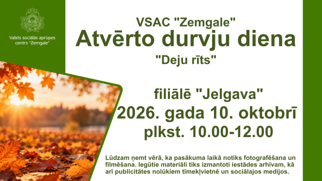Atvērto durvju dienas afiša ar rudenīgu attēlu, rudens lapām un sauli