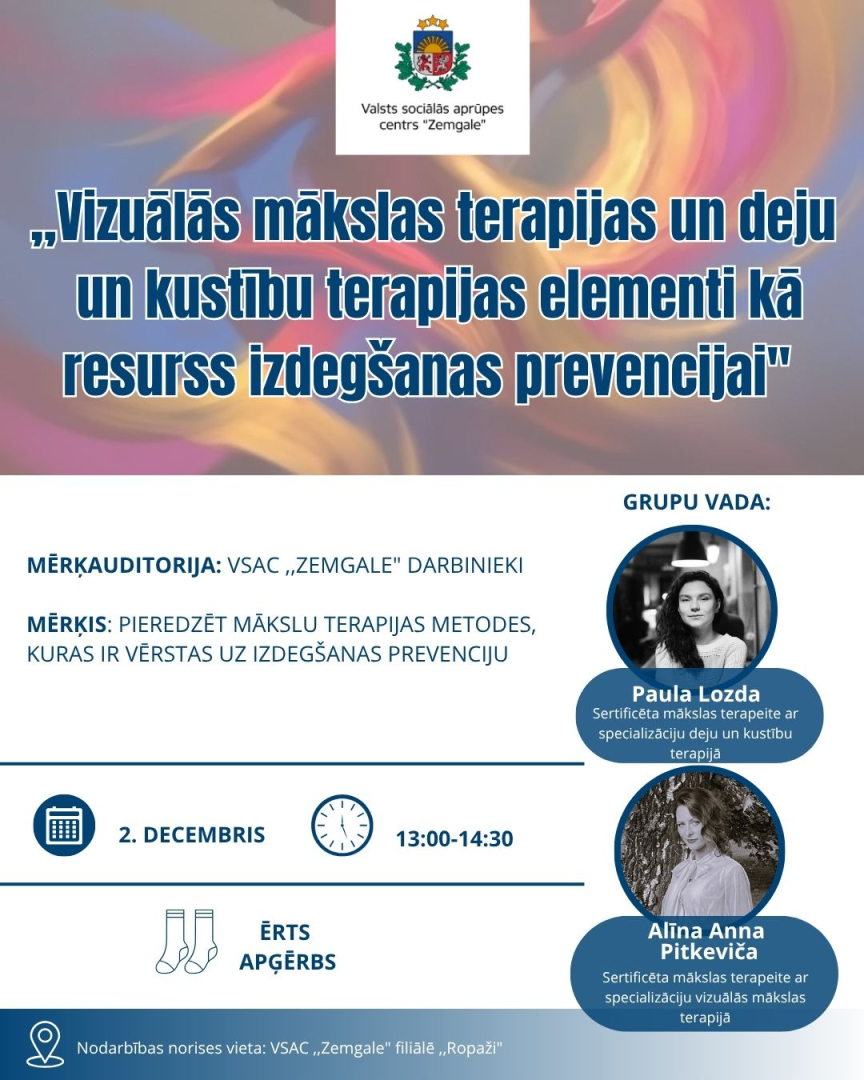 Pasākuma afiša ar informāciju un divu mākslas terapeitu bildēm