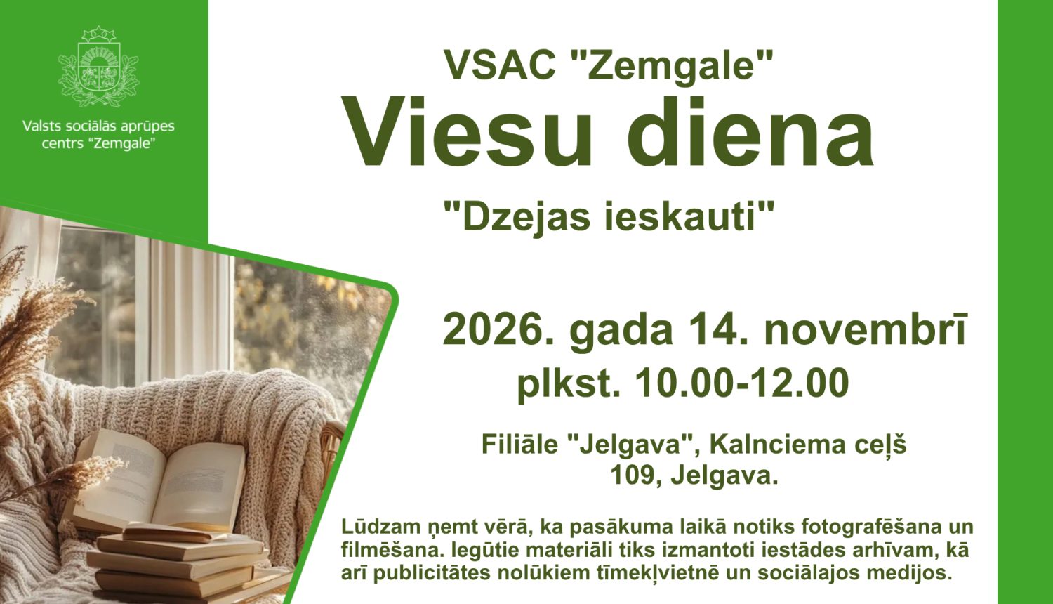 Pasākuma afiša ar omulīgi iekārtotu istabu, ar pledu, un grāmatu