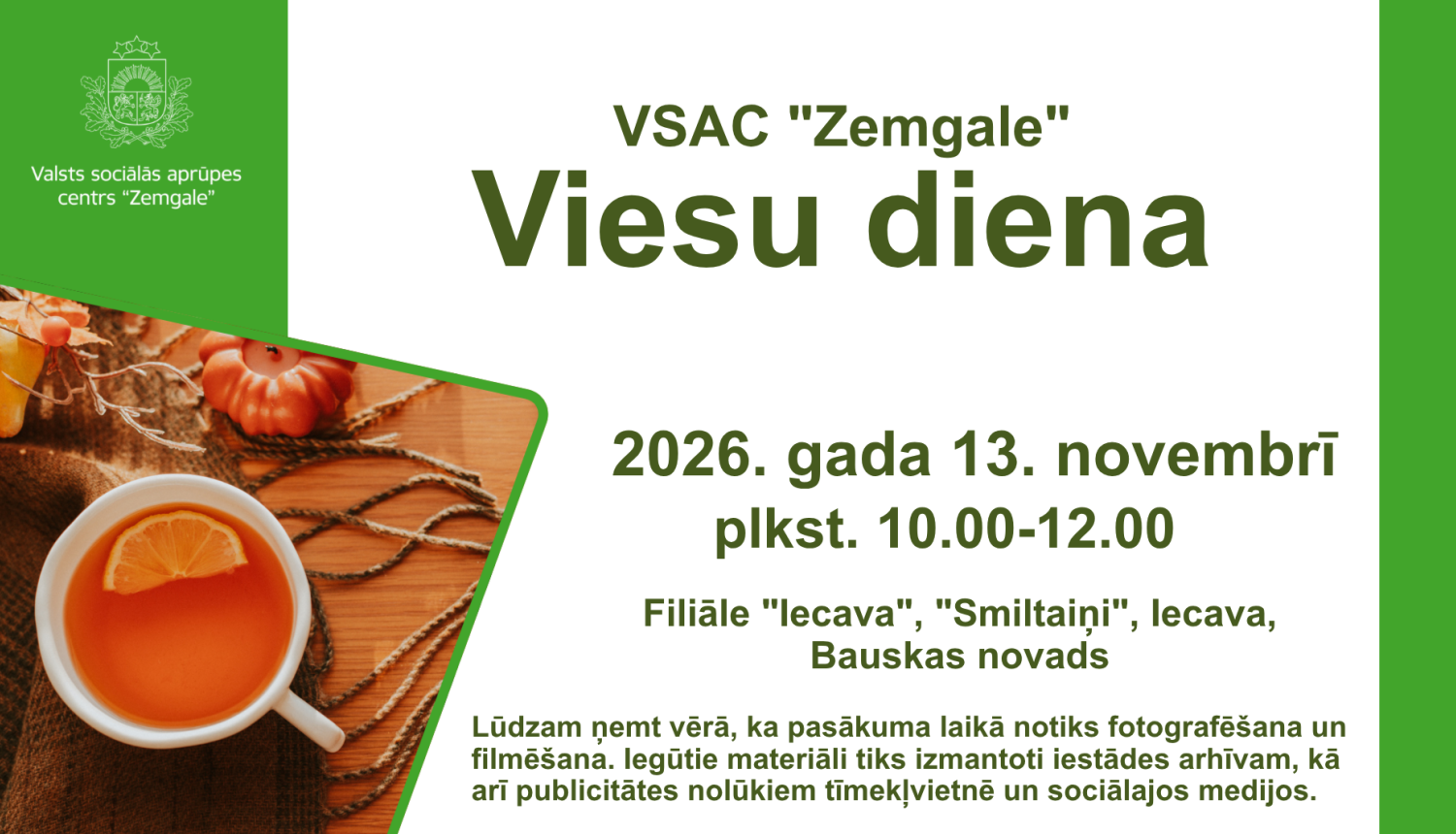 Viesu dienas afiša ar rudenīgu attēlu un siltu tēju attēlu