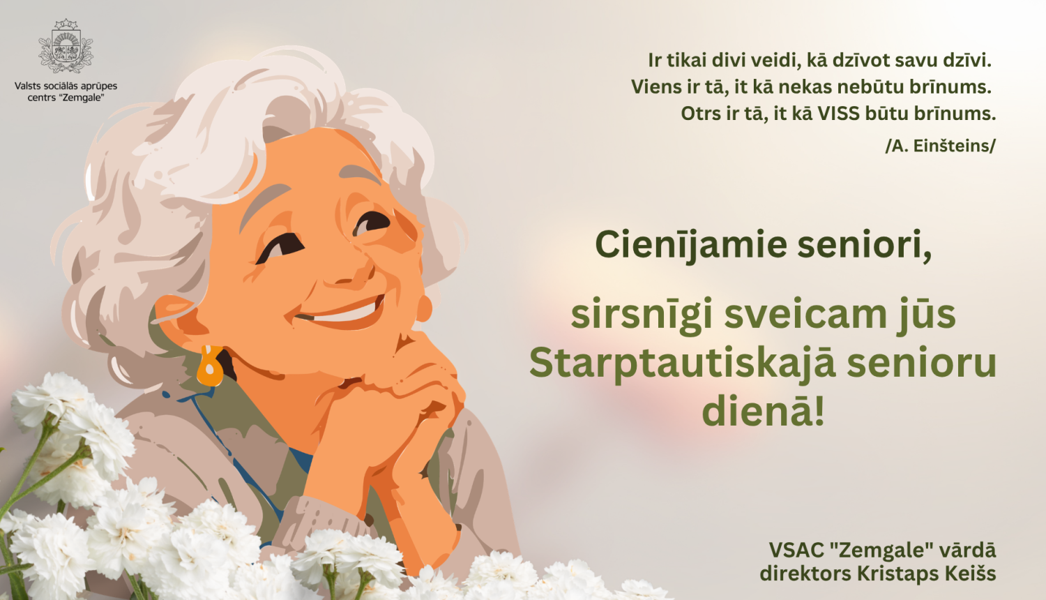 Maigu toņu apsveikums senioru dienā ar laimīgu un smaidīgu kundzi