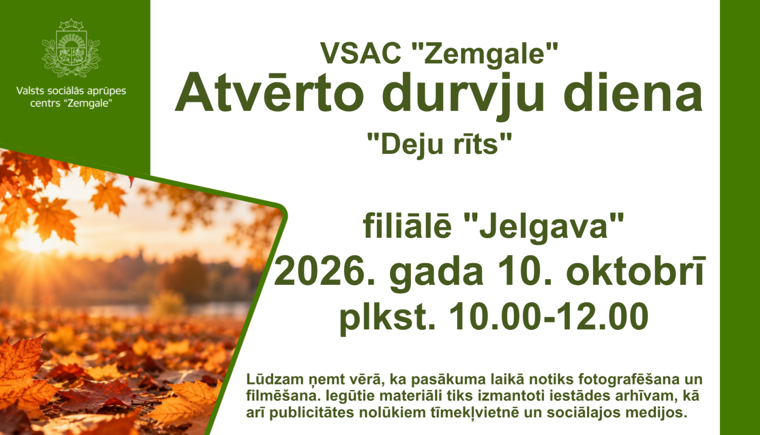 Atvērto durvju dienas afiša ar rudenīgu attēlu, rudens lapām un sauli