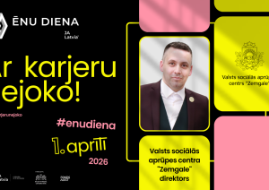 Afiša ar VSAC Zemgale logotipu un iestādes direktora fotogrāfiju. Aicinājums pieteikties ēnu dienā iepazīt direktora amatu. 