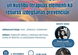 Pasākuma afiša ar informāciju un divu mākslas terapeitu bildēm