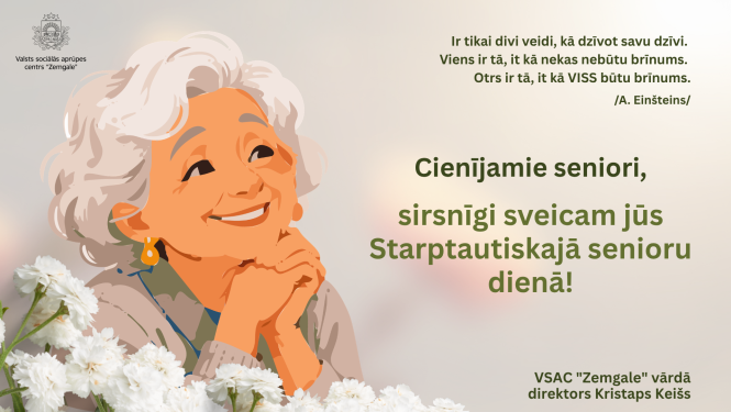 Maigu toņu apsveikums senioru dienā ar laimīgu un smaidīgu kundzi