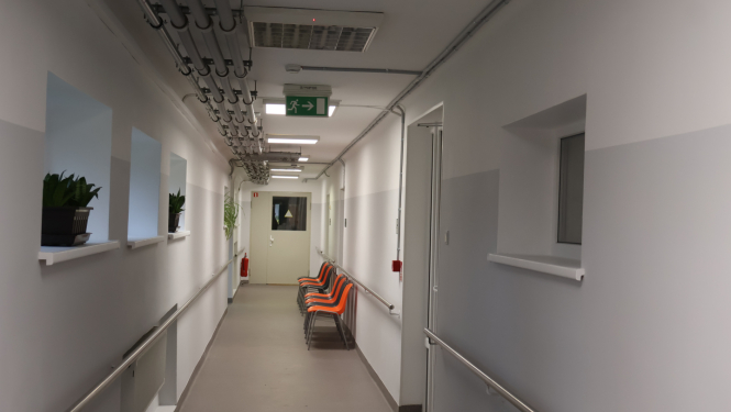 Gaitenis pēc remonta. Gaumīgas pelēkā krāsā sienas, uz palodzēs puķu podi, gaitenī koši oranži krēsli