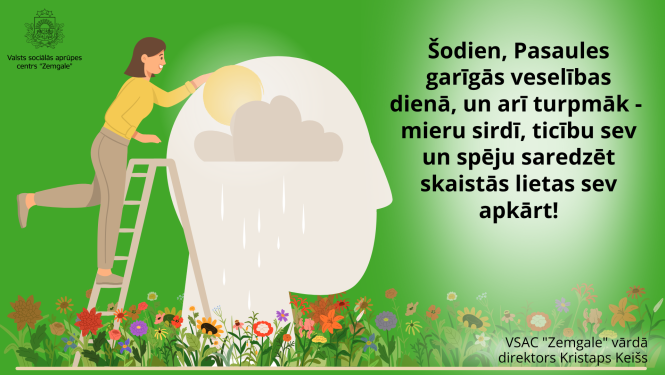 Apsveikums Pasaules garīgās veselības dienā. Zaļš fons, priekšplānā liels cilvēka galvas siluets ar mākoni, kuram sieviete pievieno sauli. Lejā daudz skaistu ziedu. 