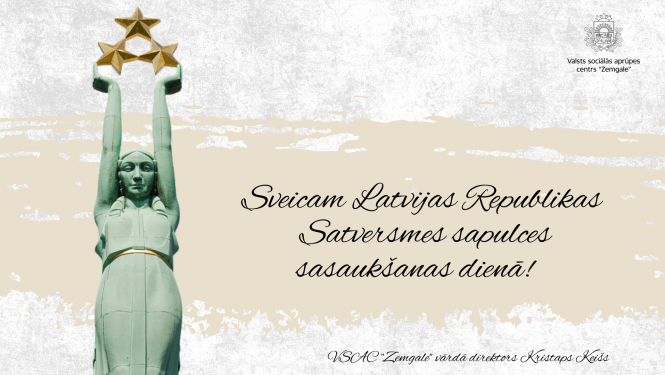 Attēlā brīvības piemineklis - Milda. Apsveikums gaišā krāsā ar tekstu "Sveicam Latvijas Republikas Satversmes sapulces sasaukšanas dienā!""
