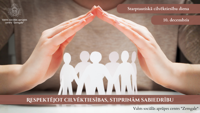 Apsveikumā rokas tuvplānā, kas saliktas kā jumtiņš, kuras sargā cilvēku figūriņas izgrieztas no papīra.