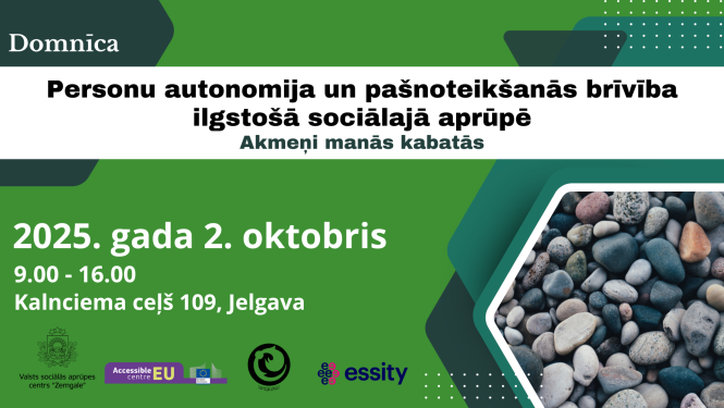 Domnīcas afiša zaļajos toņos ar akmeņu attēlu