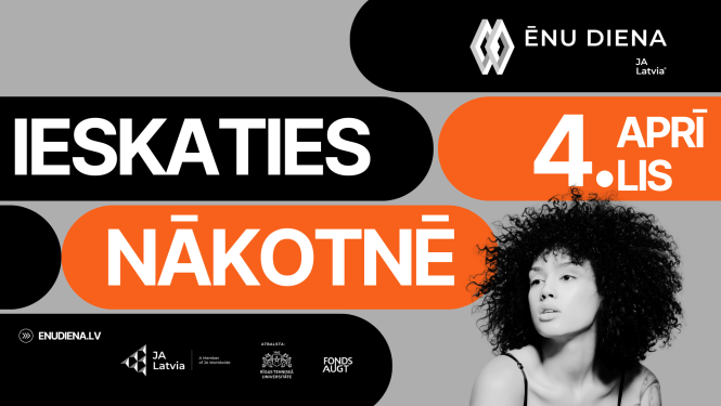 Ēnu dienas oficiālā afiša melnā,oranžā,pelēkā krāsās ar uzrakstu "Ieskaties nākotnē"