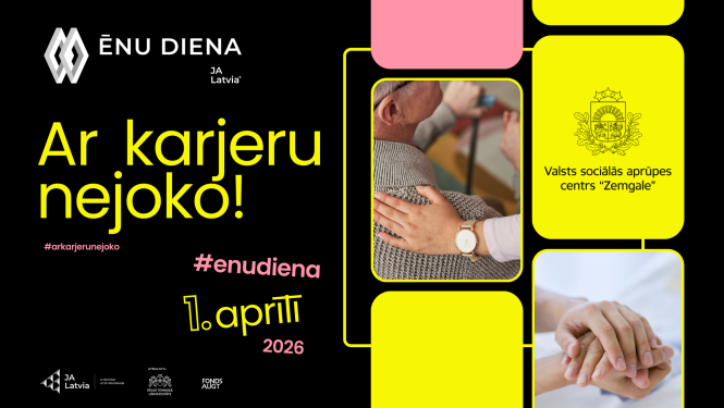 Ēnu dienas oficiālā afiša melnā, dzeltenā, rozā krāsās ar uzrakstu Ar karjeru nejoko. Iestādes logotipu un diviem attēliem, kurās attēlotas rūpes par senioriem
