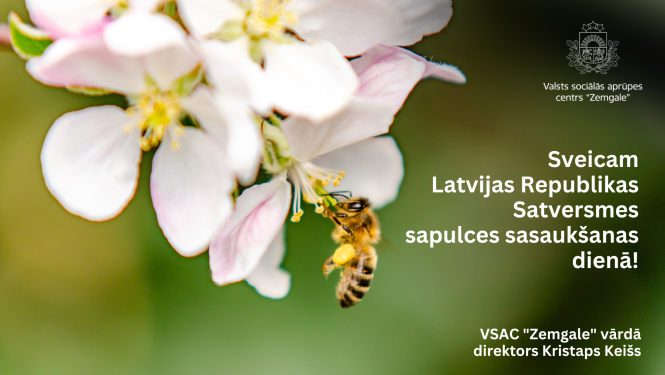 Apsveikums ar ābeļziedu un bites attēlu