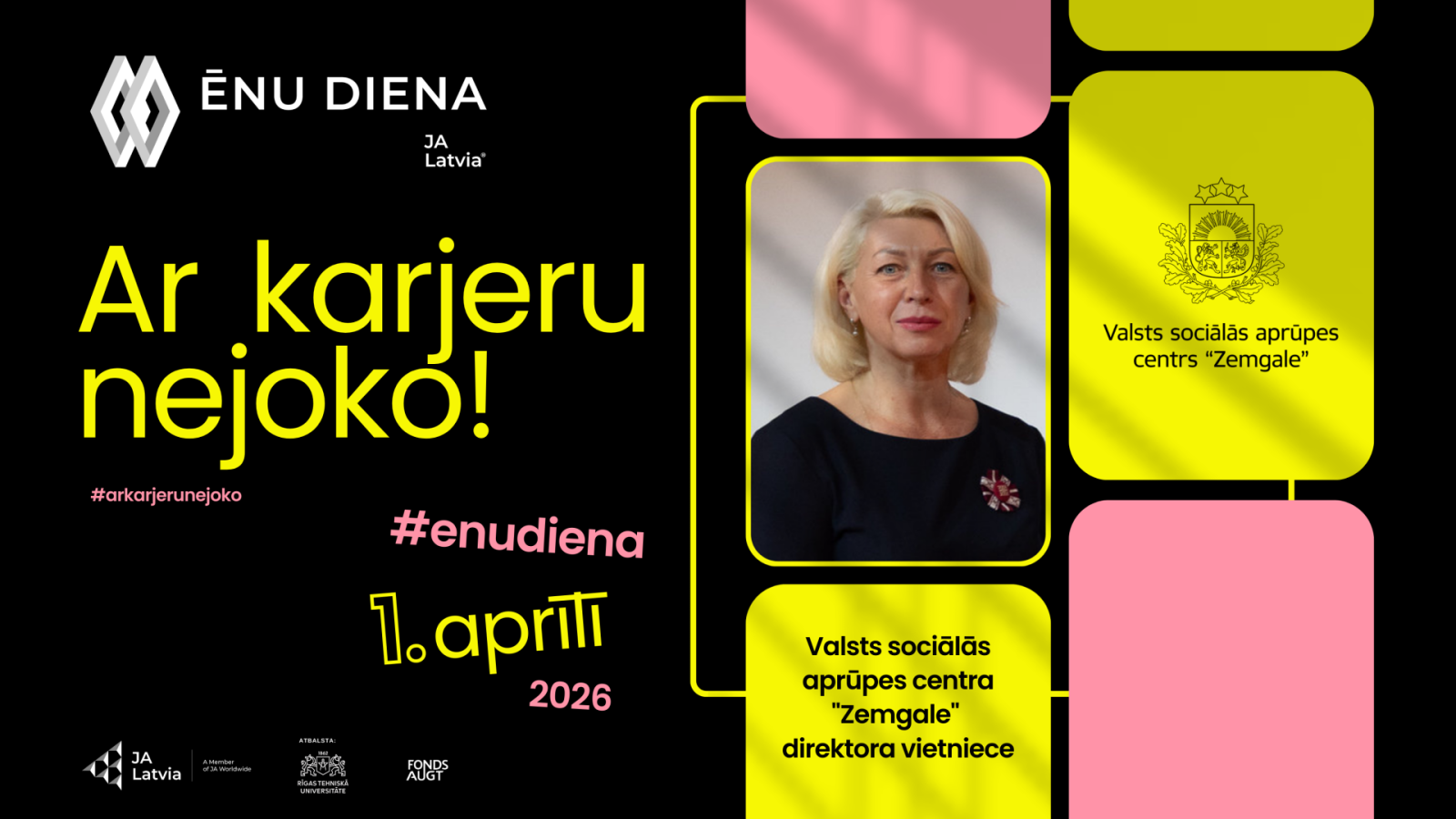 Afiša ar VSAC Zemgale logotipu un iestādes direktora vietnieka fotogrāfiju. Aicinājums pieteikties ēnu dienā iepazīt direktora vietnieka amatu. 