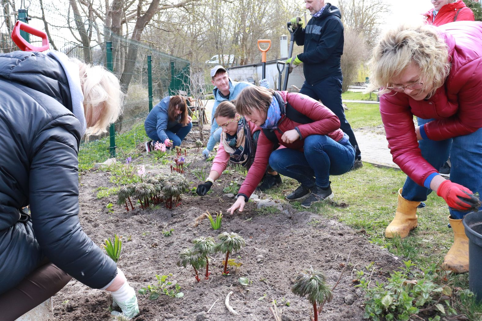 Cilvēki veic teritorijas uzkopšanas darbus