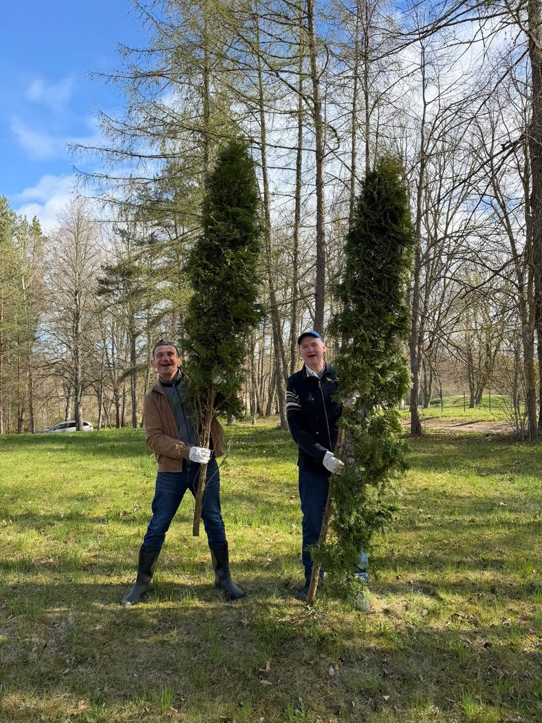 Divi kungi tur rokās garas nozāģētās tūjas