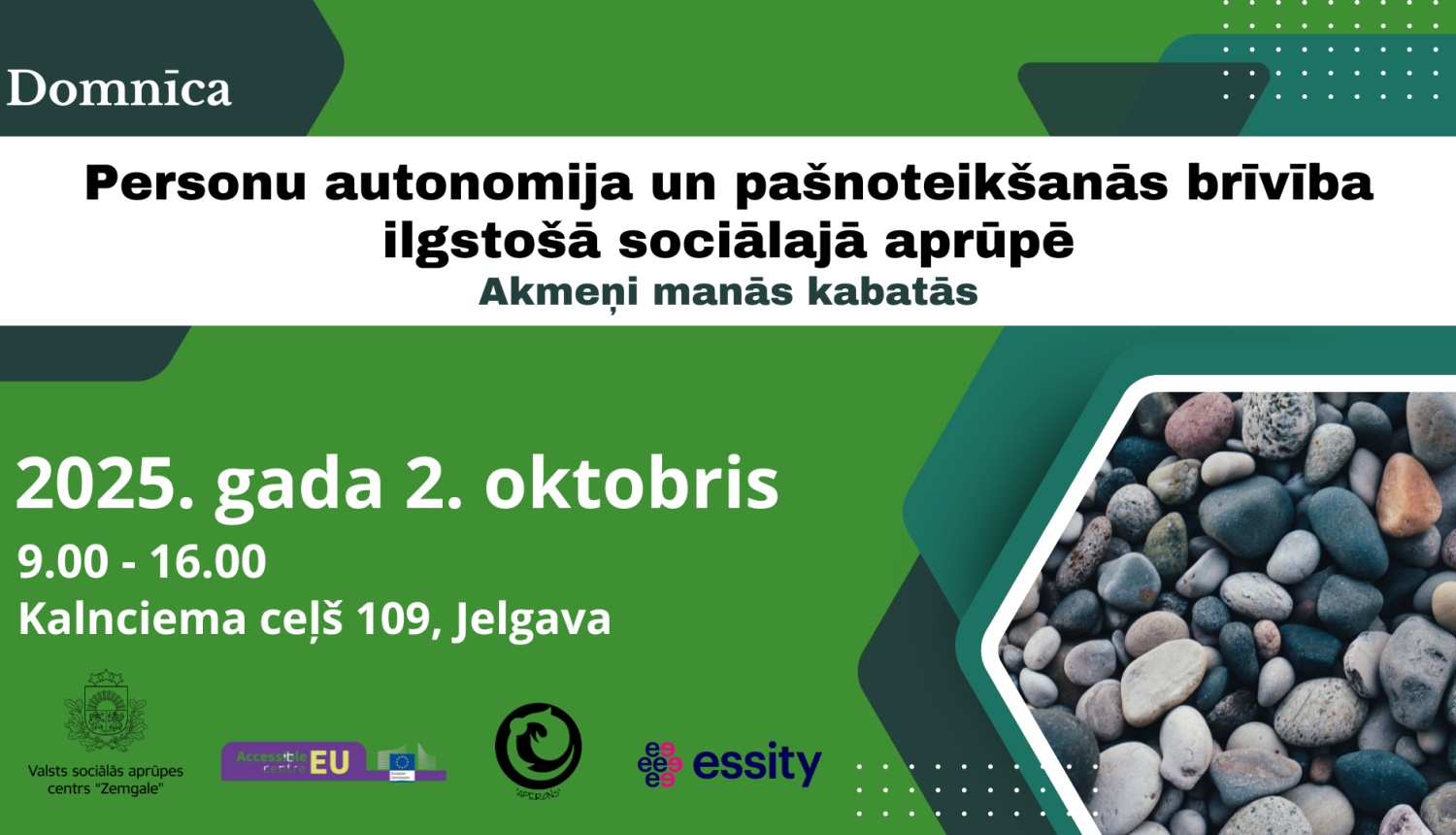 Afiša domnīcai zaļajos toņos ar akmeņu attēlu