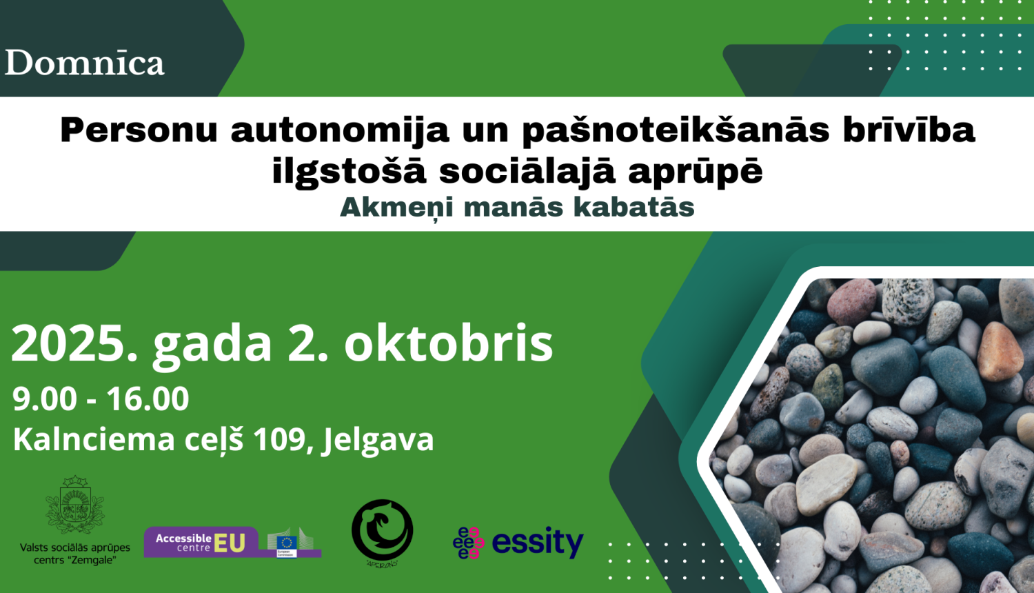 Domnīcas afiša zaļajos toņos ar akmeņu attēlu