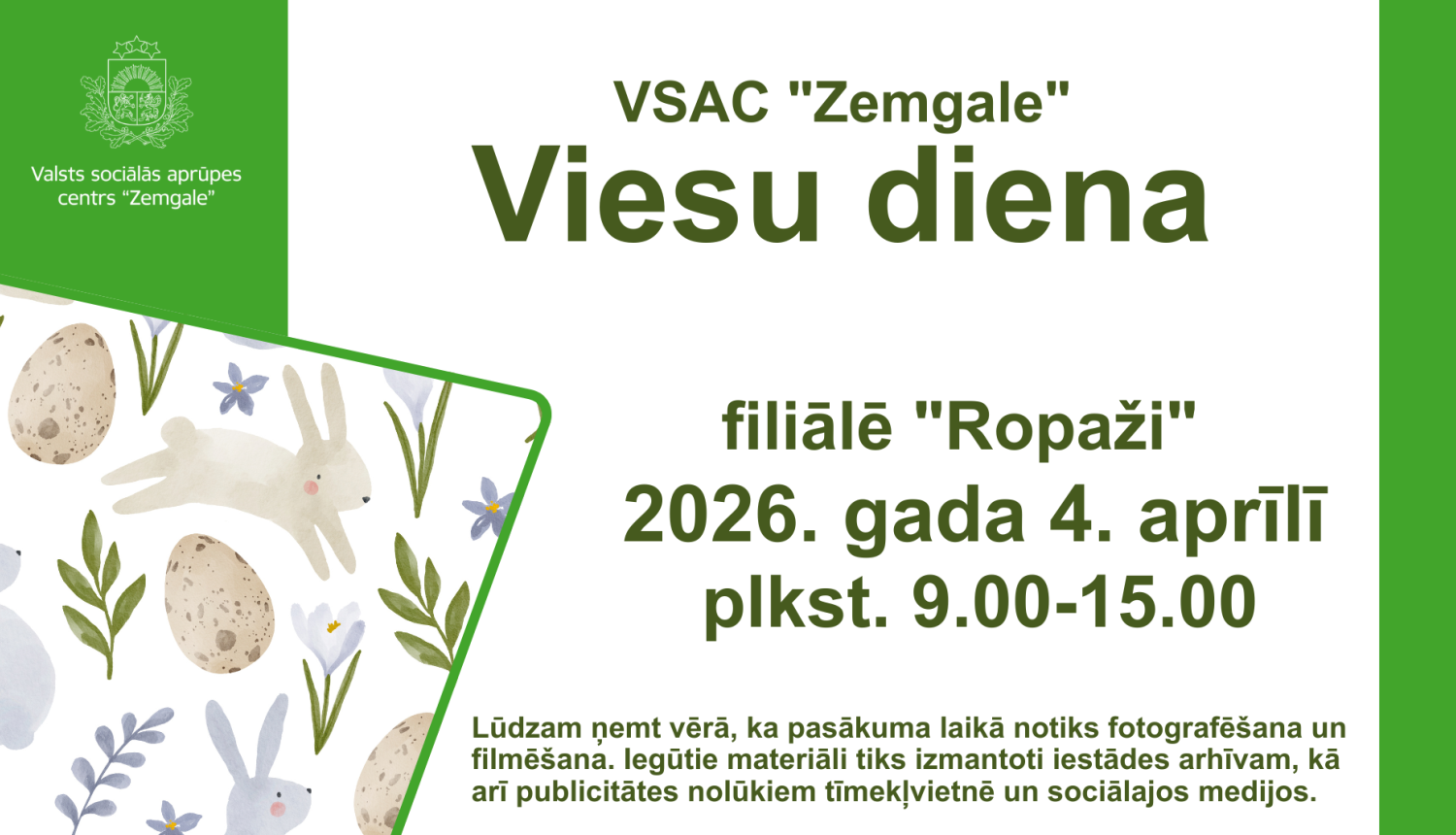 Viesu dienas afiša balti zaļos toņos ar aicinājumu apmeklēt filiāles Ropaži viesu dienu, kas norisināsies 4. aprīlī. Pievienots attēls ar ziediem, olām, zaķiem