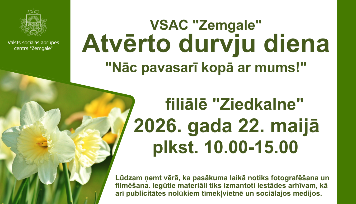 Pasākuma afiša ar pavasara ziedu narcišu attēlu