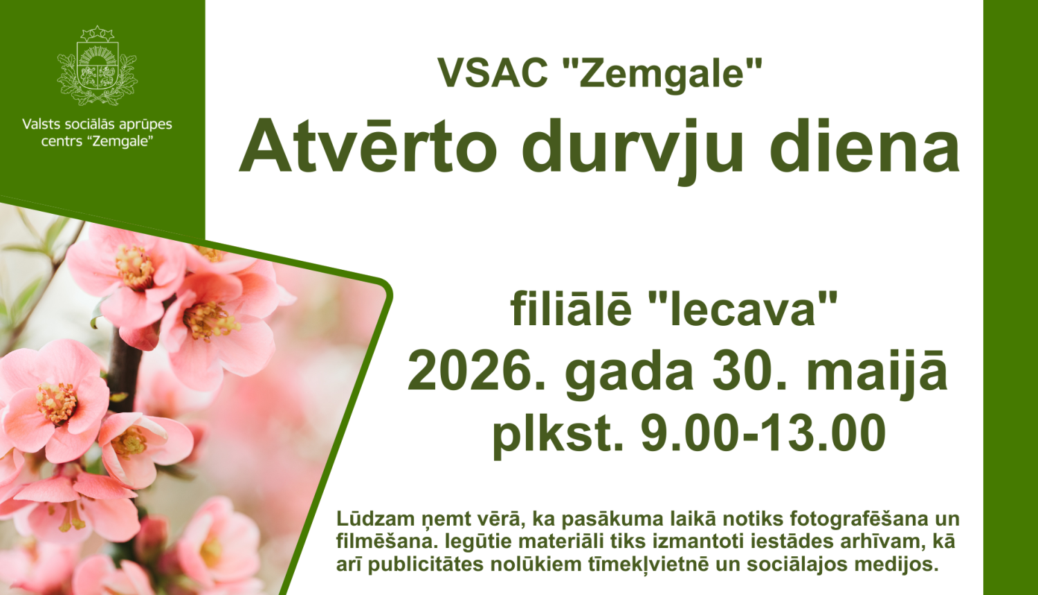 Pasākuma afiša ar maigu ābeļziedu attēlu